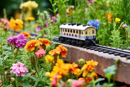 model train on a curved rail with summer flowers, created with generative aiの素材