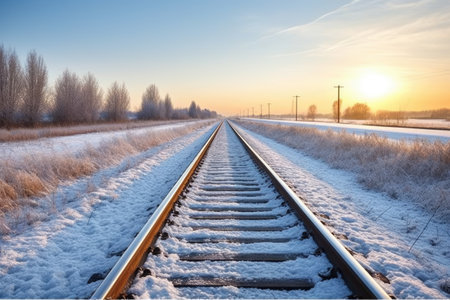 railway track running through an icy winter landscape, created with generative aiの素材