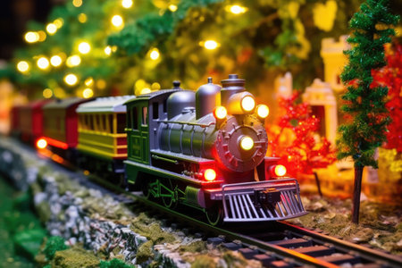 miniature train under brightly lit holiday lights, created with generative aiの素材