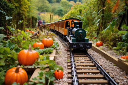 an autumn-themed miniature railway surrounded by pumpkins, created with generative aiの素材