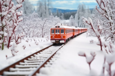 winter landscape with toy railroad through snow, created with generative aiの素材