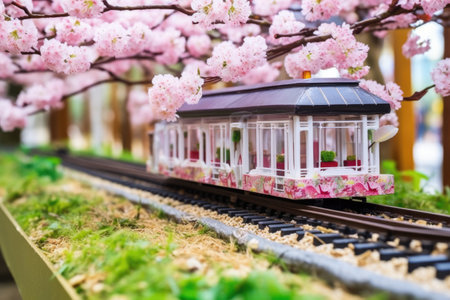 spring-themed mini railway encased with cherry blossom, created with generative aiの素材