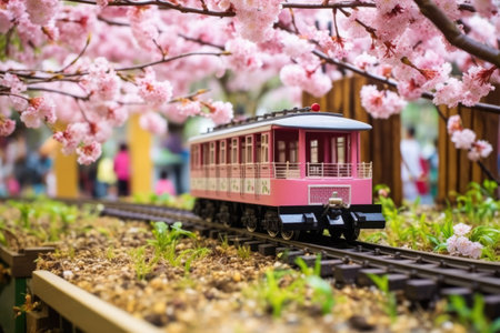 spring-themed mini railway encased with cherry blossom, created with generative aiの素材