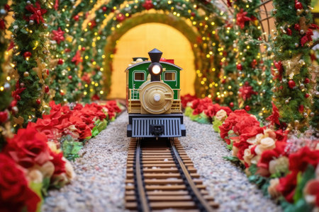 festive toy train riding under a christmas wreath tunnel, created with generative aiの素材