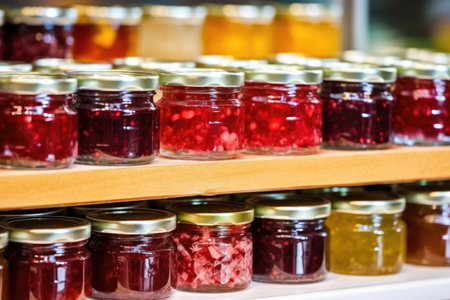 rows of homemade jams in glass jars, created with generative aiの素材