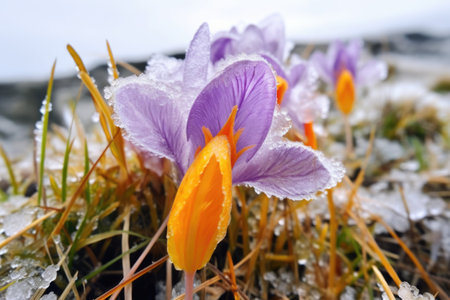 spring crocus blooming in thawing ground, created with generative aiの素材