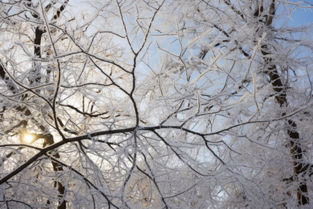 close-up view of frost on tree branches, created with generative aiの素材