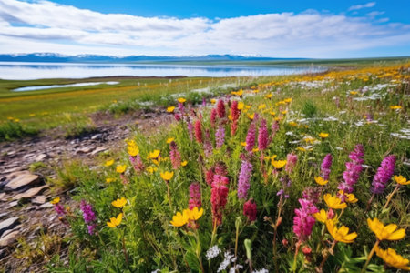 colorful wildflowers blooming after arctic thaws, created with generative aiの素材