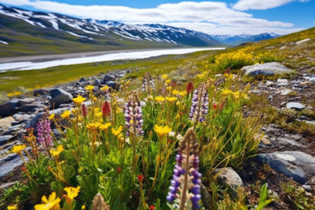colorful wildflowers blooming after arctic thaws, created with generative aiの素材