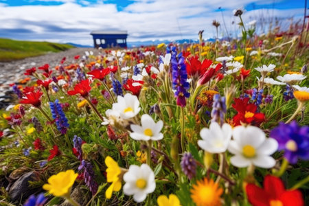 colorful wildflowers blooming after arctic thaws, created with generative aiの素材