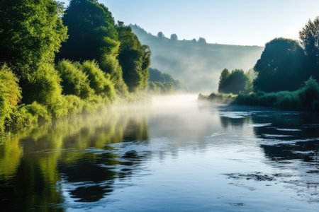 a humid summers breath causing mist over a river, created with generative aiの素材