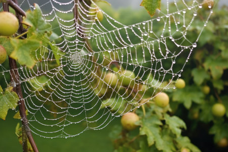 spiderweb covered in morning dew in an autumn garden, created with generative aiの素材