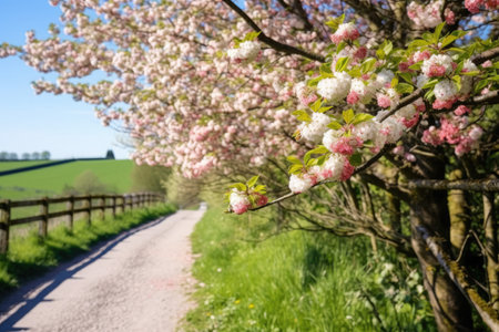 spring flowering tree beside a cleared cycling path, created with generative aiの素材