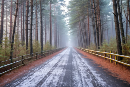winter mist over a bike path going through a pine forest, created with generative aiの素材