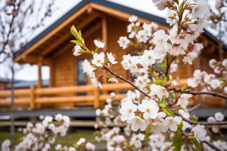 close-up of fresh spring blossoms near a wooden chalet, created with generative aiの素材