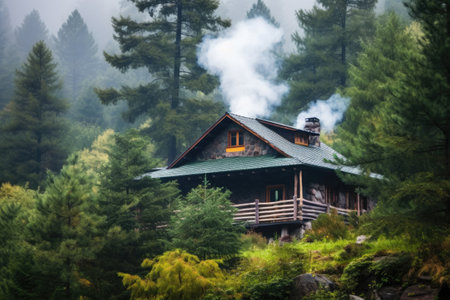 a cozy forest lodge with smoke rising from a stone chimney, created with generative aiの素材