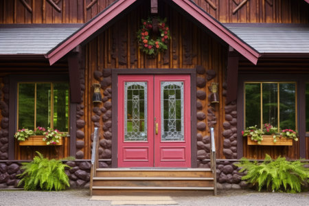 a beveled front door of a forest lodge with ornate carvings, created with generative aiの素材