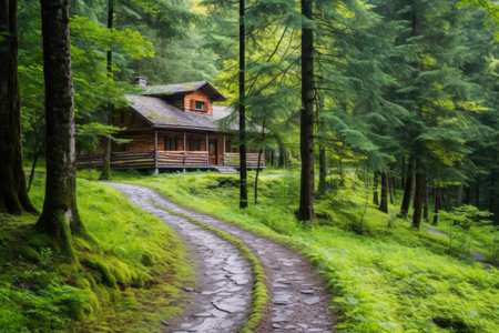 winding path leading to a wooden chalet in a thick forest, created with generative aiの素材