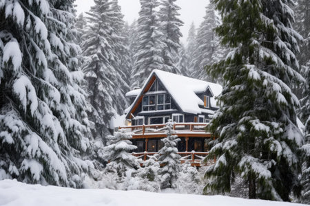 forest lodge nestled among evergreen trees blanketed in snow, created with generative aiの素材
