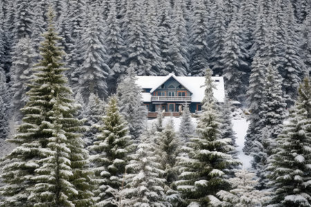 forest lodge nestled among evergreen trees blanketed in snow, created with generative aiの素材