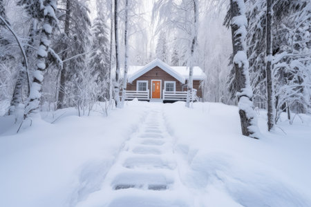 fresh footprints leading up to a secluded forest lodge in snow, created with generative aiの素材