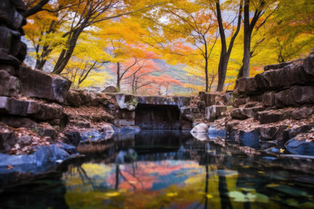 stone rim of a hot spring with autumn leaves, created with generative aiの素材