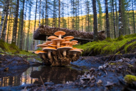 growing mushrooms near a hot spring in a forest, created with generative aiの素材