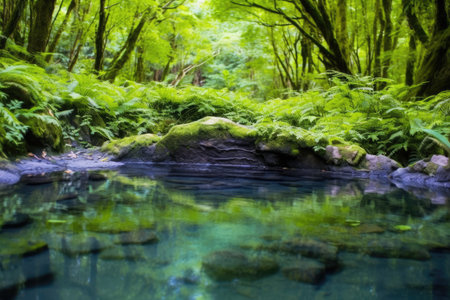 green foliage around a bubbling hot spring, created with generative aiの素材