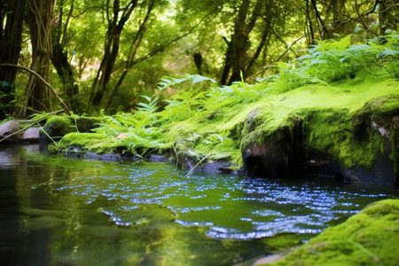 green foliage around a bubbling hot spring, created with generative aiの素材