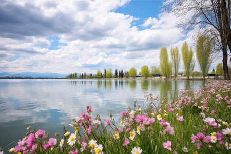 blooming flowers on lakeside under cloudy spring sky, created with generative aiの素材