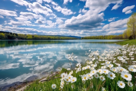 blooming flowers on lakeside under cloudy spring sky, created with generative aiの素材
