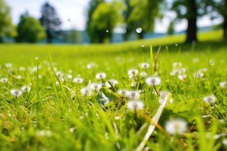 close up of dandelion spores in a summer meadow, created with generative aiの素材