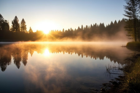 sun rising over a calm, misty lake in spring, created with generative aiの素材