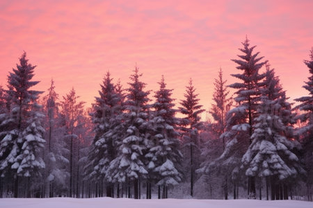 snow-covered pine trees against a pink twilight sky, created with generative aiの素材