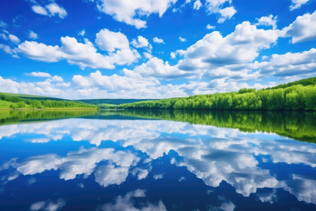 bright blue sky reflecting on a summer lake, created with generative ai