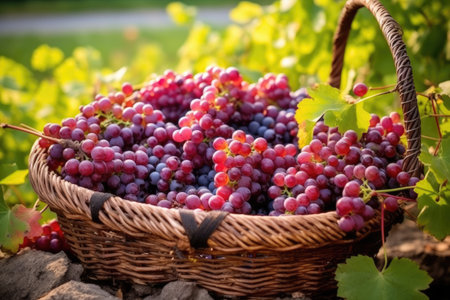 grapes in a basket freshly harvested from vines, created with generative aiの素材