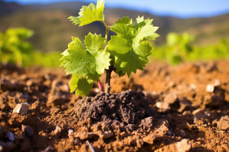 close-up of vineyard soil with budding grapevine, created with generative aiの素材