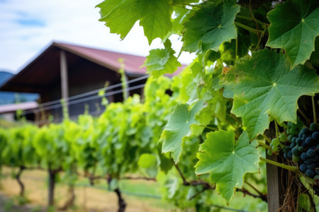 grapevines with a backdrop of farm buildings, created with generative aiの素材