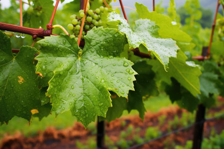 rain-soaked vineyard, visible raindrops on grape leaves, created with generative aiの素材