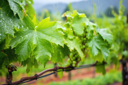rain-soaked vineyard, visible raindrops on grape leaves, created with generative aiの素材