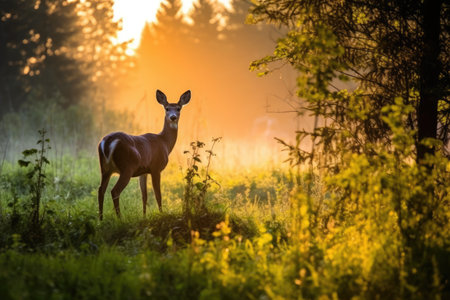 a deer grazing in a meadow during summer sunrise, created with generative aiの素材