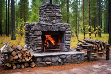 an outdoor fireplace at secluded forest cabin, created with generative aiの素材