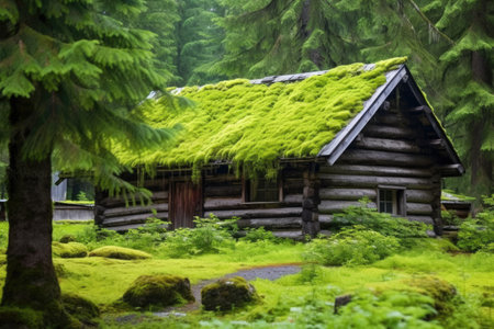 a log cabin covered in moss among dense trees, created with generative aiの素材