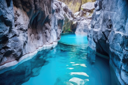 vibrant turquoise hot spring in a rock hollow, created with generative aiの素材
