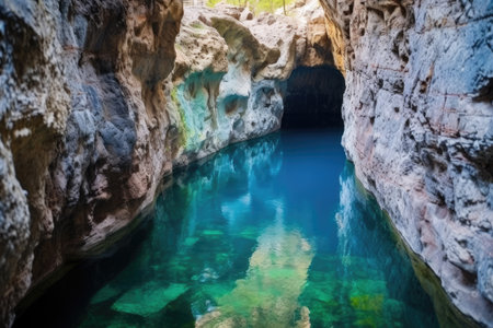 vibrant turquoise hot spring in a rock hollow, created with generative aiの素材