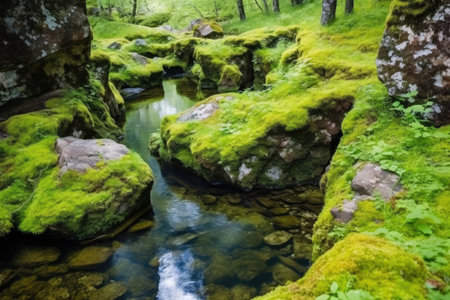 rock-bound hot spring surrounded by green moss, created with generative aiの素材