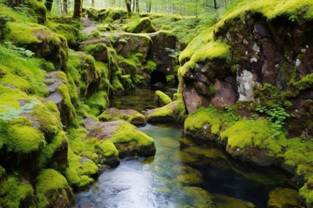 rock-bound hot spring surrounded by green moss, created with generative aiの素材