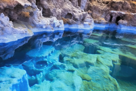 crystal-blue hot spring water close-up, created with generative aiの素材