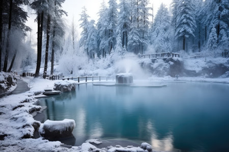 forested hot spring with birds in winter, created with generative aiの素材