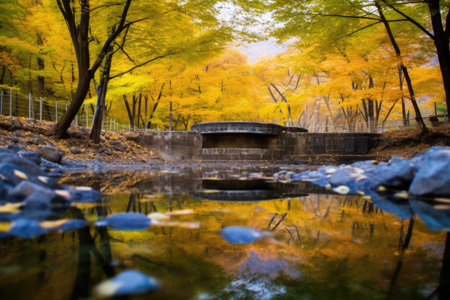 natural hot spring encircled by autumn leaves, created with generative aiの素材